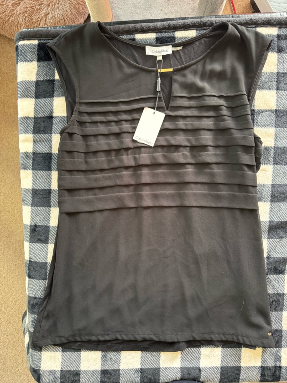 Calvin Klein Black Sleeveless Pleated Front Blouse